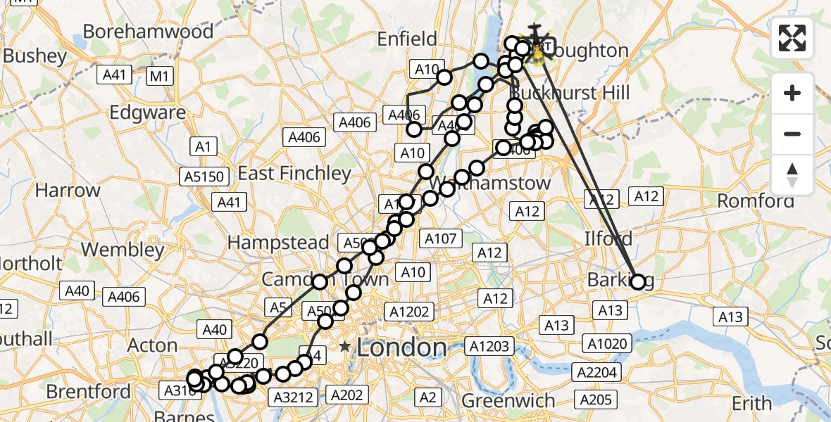 Flight route Police Helicopter Metropolitan Police Air Support Unit Lippitts Hill - Sewardstonebury, 18 July 2026, 03:21