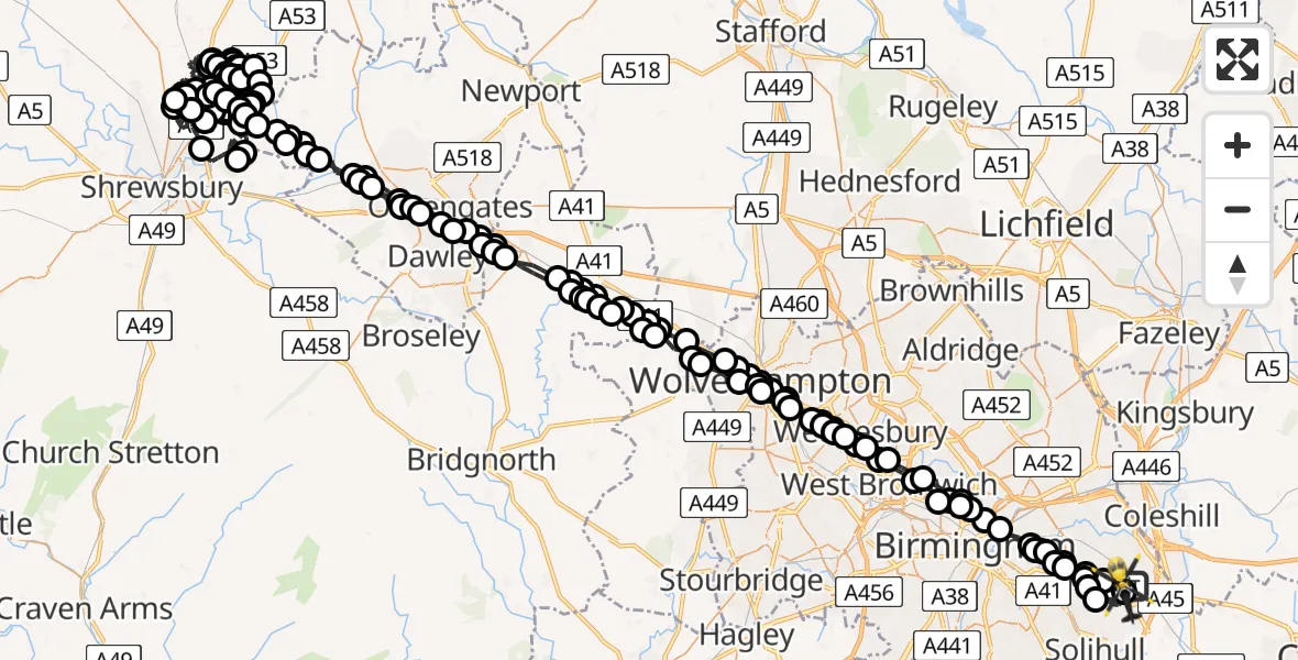 Flight route Police Helicopter Birmingham Airport - Birmingham Airport, 18 July 2026, 03:43