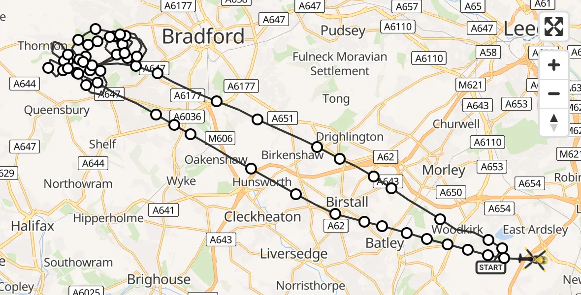 Flight route Police Helicopter Woodkirk - East Ardsley, 18 July 2026, 05:06
