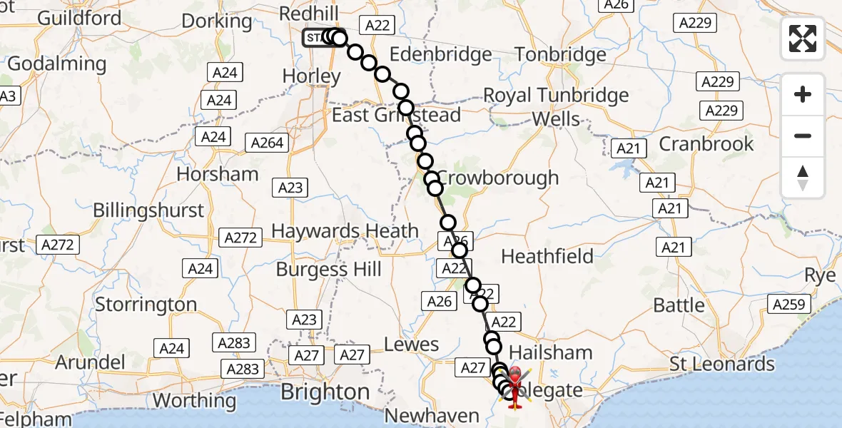 Flight route Air Ambulance Helicopter Redhill Aerodrome - Wilmington, 18 July 2026, 05:36