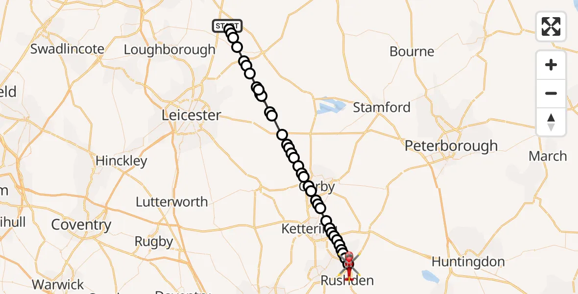 Flight route Air Ambulance Helicopter Upper Broughton - Higham Ferrers, 18 July 2026, 06:24