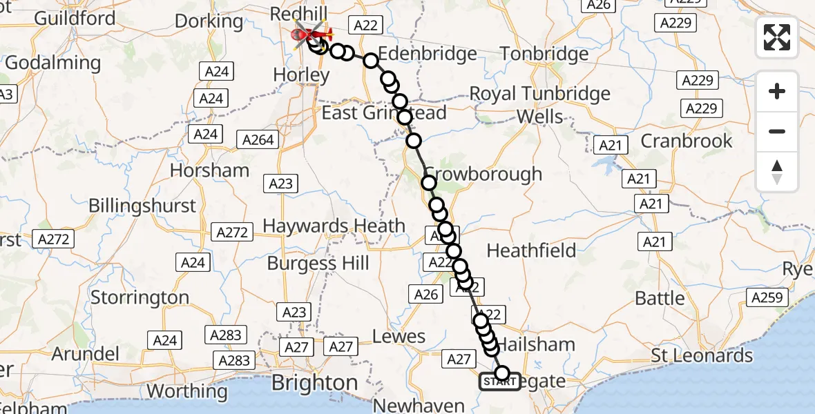 Flight route Air Ambulance Helicopter Wilmington - Redhill Aerodrome, 18 July 2026, 06:31