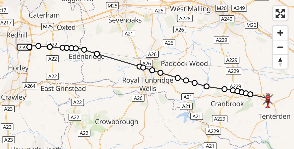 Flight route Air Ambulance Helicopter Redhill Aerodrome - Ashford, 18 July 2026, 06:48