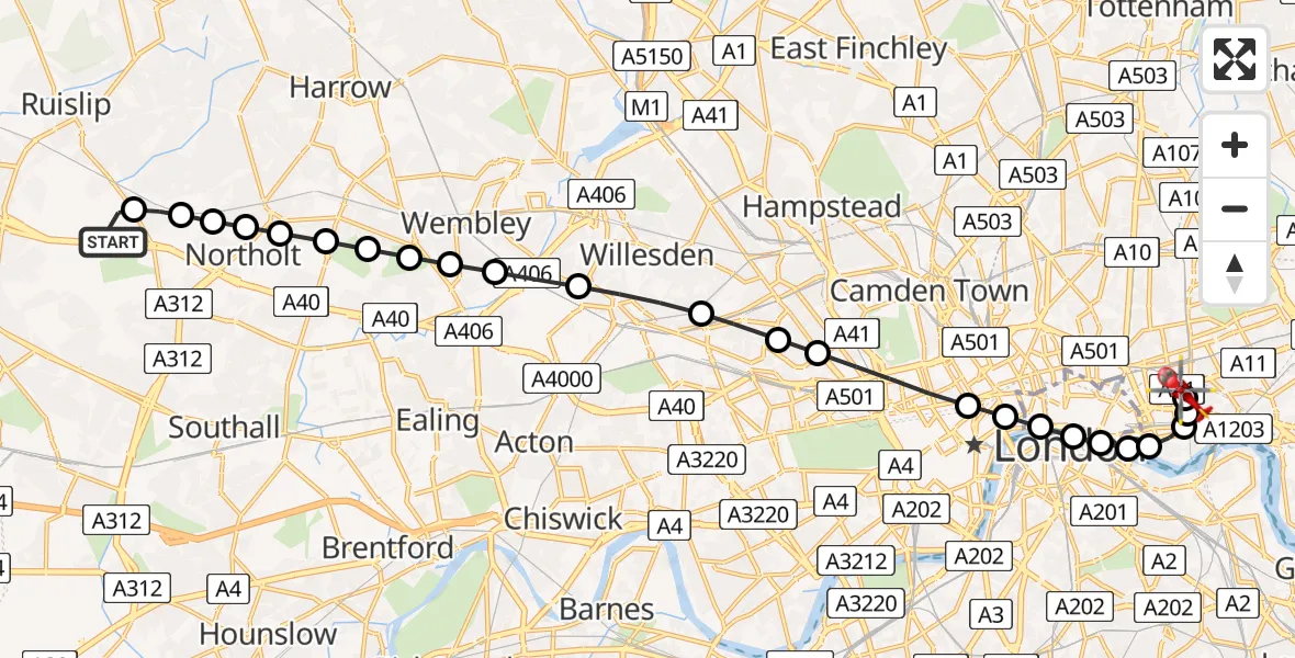 Flight route Air Ambulance Helicopter RAF Northolt - Royal London Hospital, 18 July 2026, 06:49