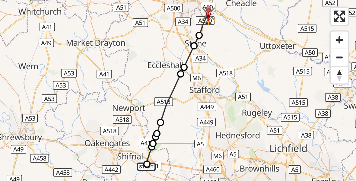 Flight route Air Ambulance Helicopter RAF Cosford - Stafford, 18 July 2026, 06:59