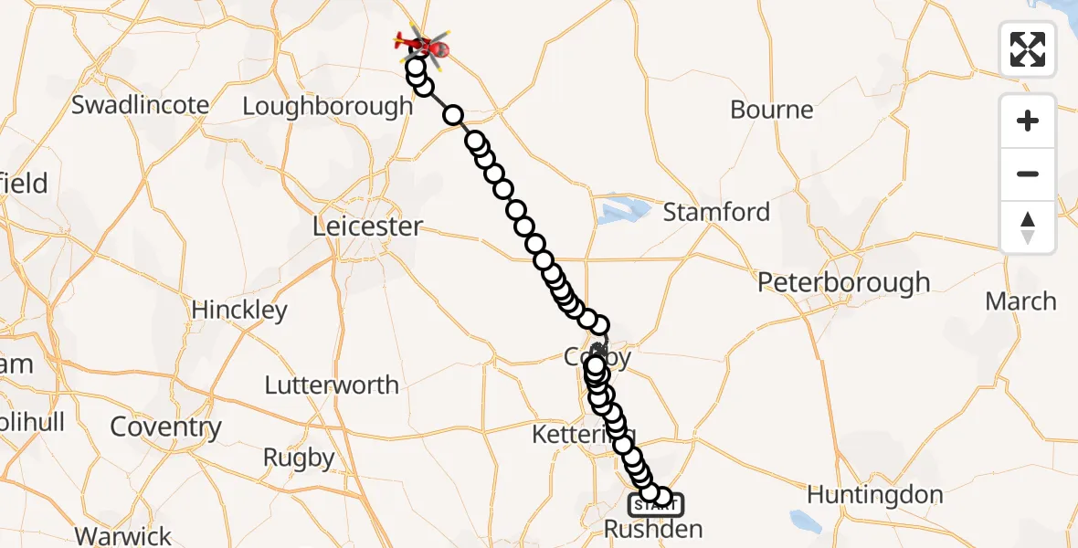 Flight route Air Ambulance Helicopter Higham Ferrers - Nottingham Heliport, 18 July 2026, 07:17