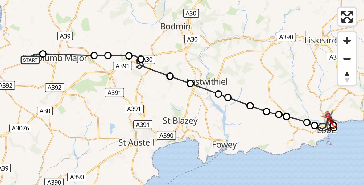 Flight route Air Ambulance Helicopter Cornwall Airport Newquay - Looe, 18 July 2026, 07:20