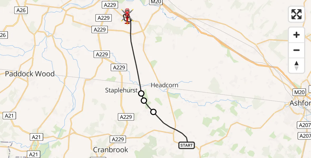 Flight route Air Ambulance Helicopter Ashford - Maidstone, 18 July 2026, 07:36