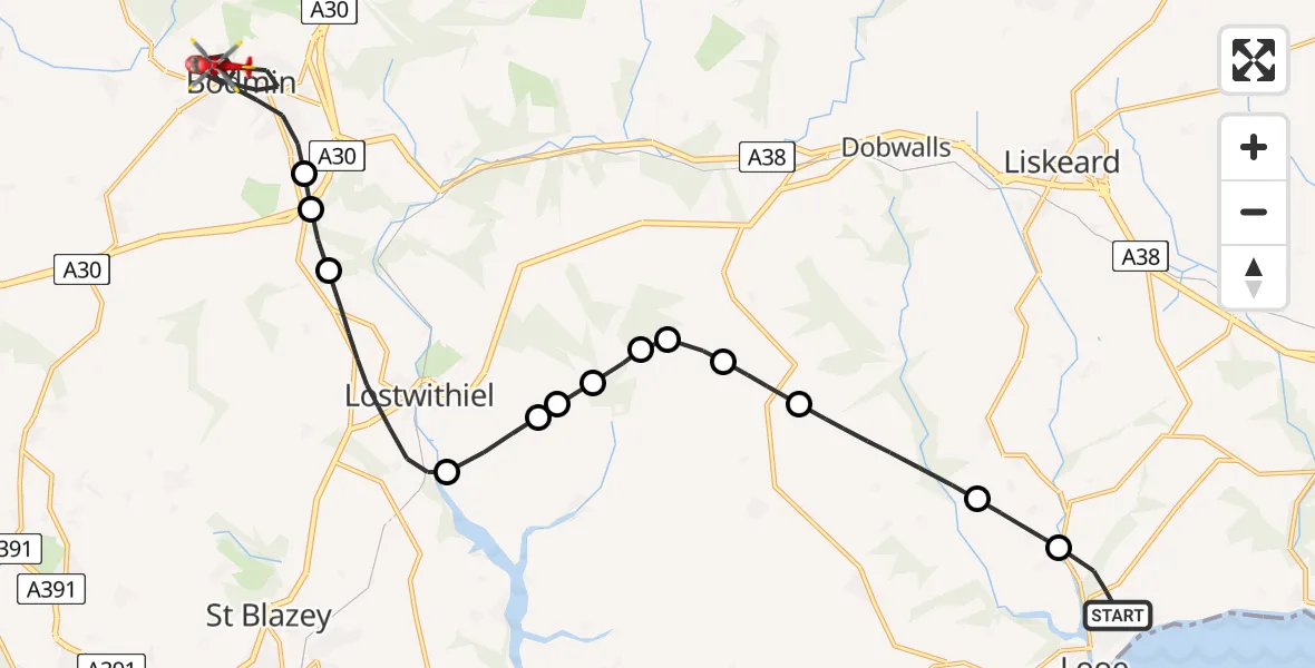 Flight route Air Ambulance Helicopter Looe - Bodmin, 18 July 2026, 07:44