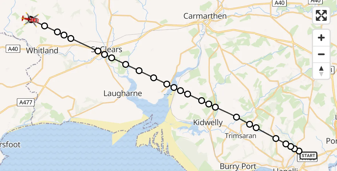 Flight route Air Ambulance Helicopter Dafen - Henllanfallteg, 18 July 2026, 07:47