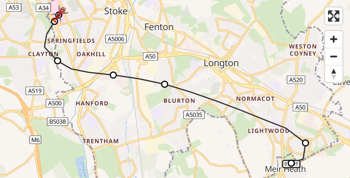 Flight route Air Ambulance Helicopter Stafford - University Hospital North Staffs, 18 July 2026, 07:53