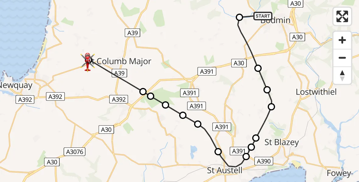 Flight route Air Ambulance Helicopter Bodmin - Cornwall Airport Newquay, 18 July 2026, 08:00
