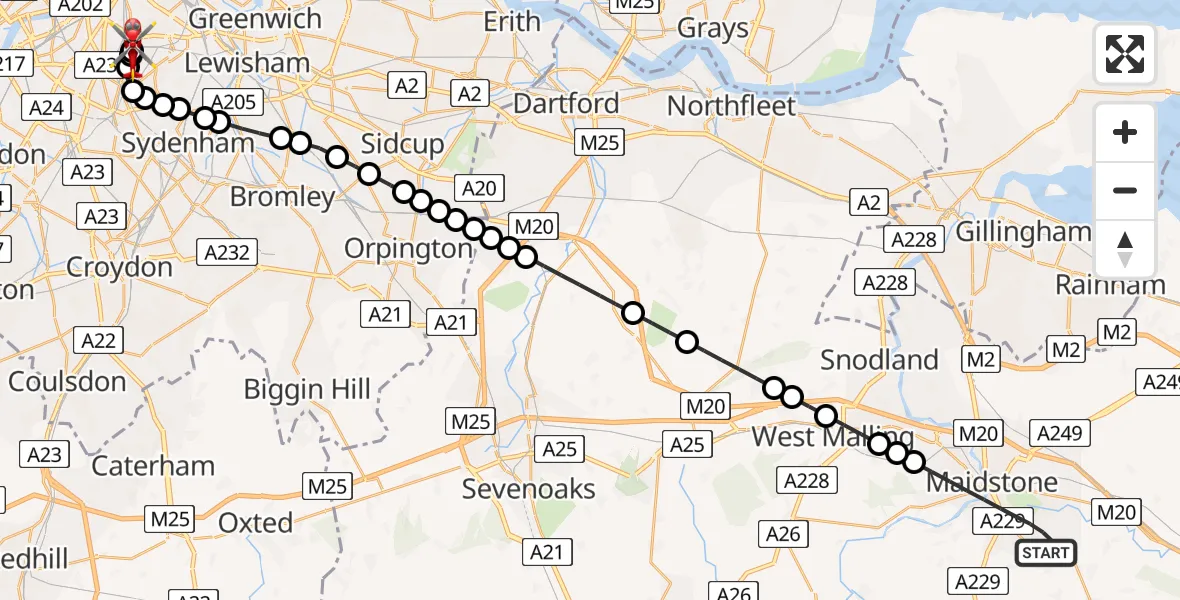 Flight route Air Ambulance Helicopter Maidstone - Kings College London Hospital, 18 July 2026, 08:06