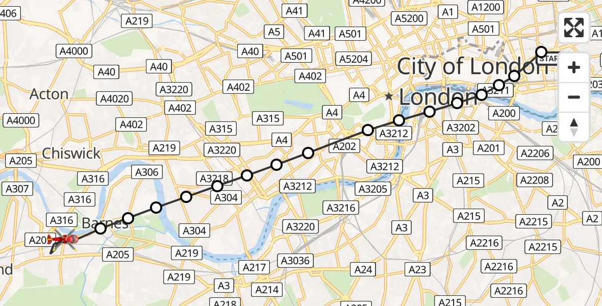 Flight route Air Ambulance Helicopter Royal London Hospital - Mortlake, 18 July 2026, 08:08
