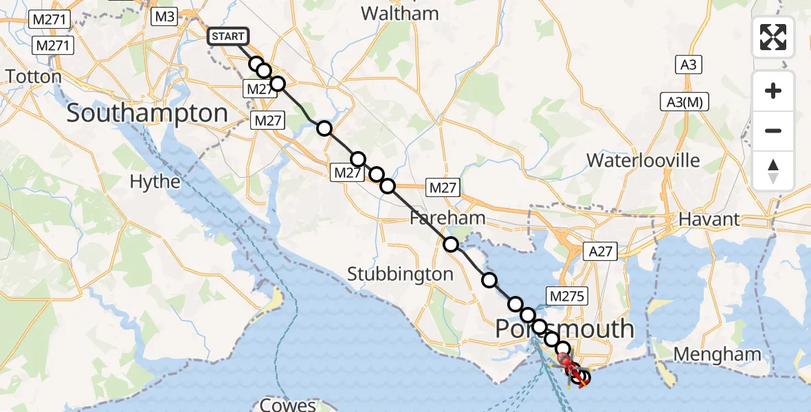 Flight route Air Ambulance Helicopter Eastleigh - Southsea, 18 July 2026, 08:21