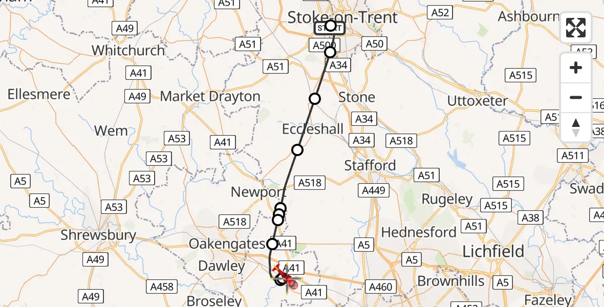 Flight route Air Ambulance Helicopter University Hospital North Staffs - Cosford, 18 July 2026, 08:22