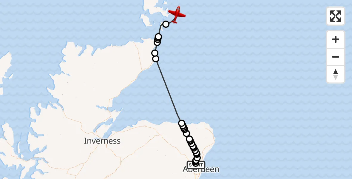 Flight route Air Ambulance Aircraft Aberdeen International Airport - North Sea, 18 July 2026, 08:24