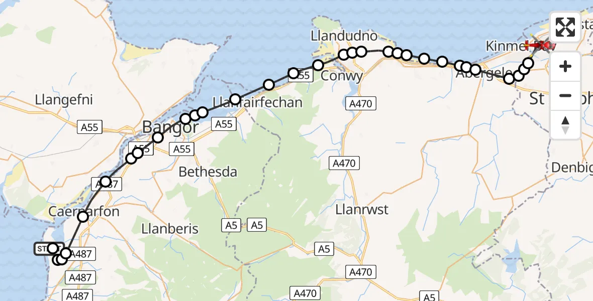 Flight route Air Ambulance Helicopter Caernarfon Airport - Rhyl, 18 July 2026, 08:25