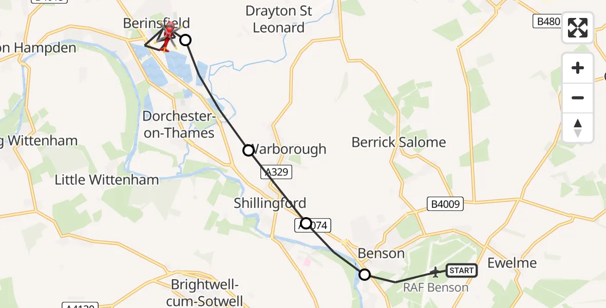 Flight route Air Ambulance Helicopter RAF Benson - Berinsfield, 18 July 2026, 08:34