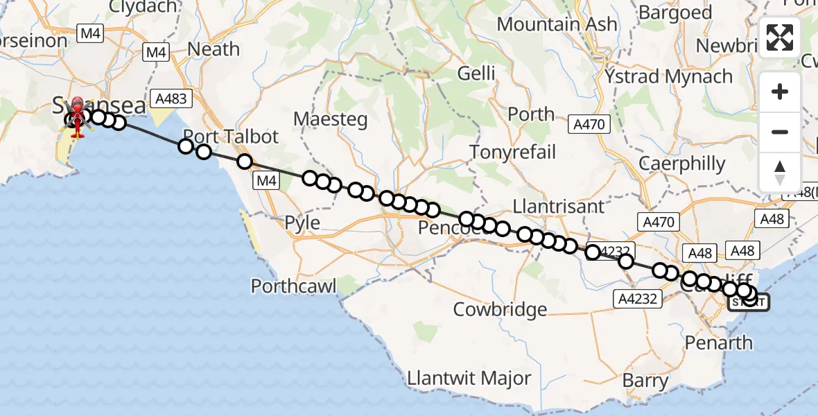 Flight route Air Ambulance Helicopter Cardiff Heliport - Brynmill, 18 July 2026, 08:43