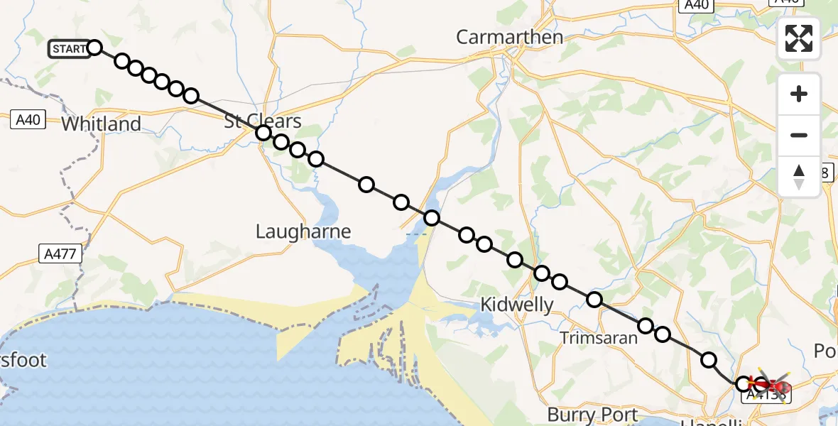 Flight route Air Ambulance Helicopter Henllanfallteg - Dafen, 18 July 2026, 08:46