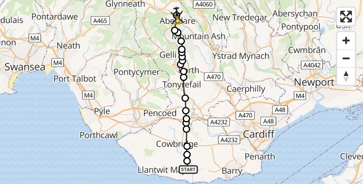 Flight route Police Helicopter Flemingston - Trecynon, 18 July 2026, 08:53