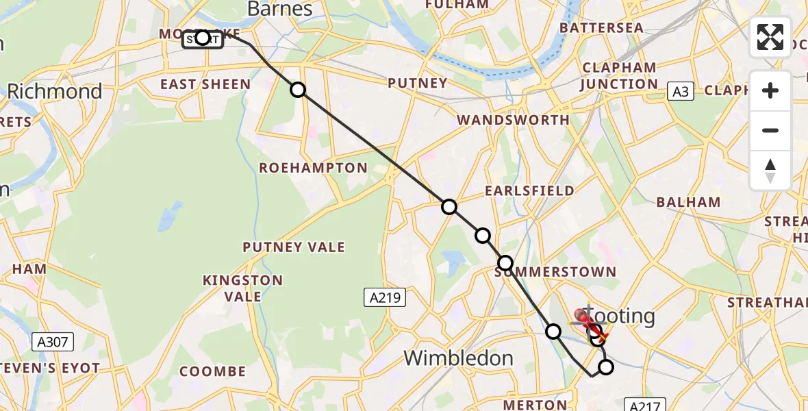 Flight route Air Ambulance Helicopter Mortlake - St Georges Hospital, 18 July 2026, 08:53