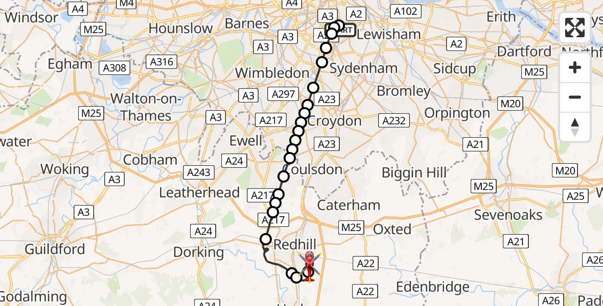 Flight route Air Ambulance Helicopter Kings College London Hospital - Redhill Aerodrome, 18 July 2026, 08:56