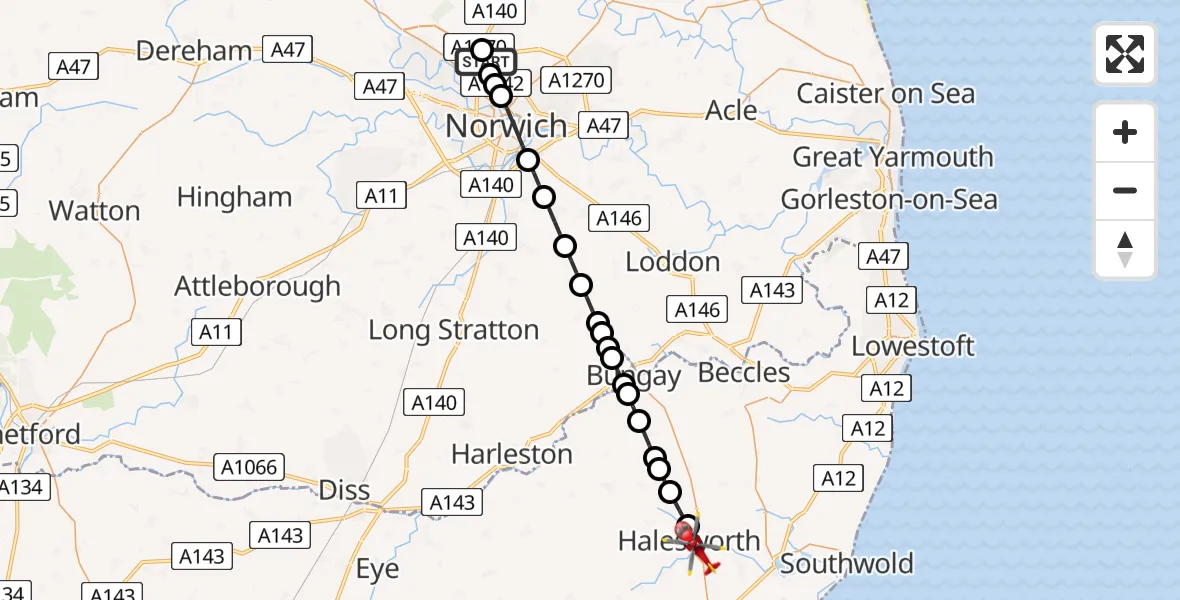 Flight route Air Ambulance Helicopter Norwich Airport - Halesworth, 18 July 2026, 09:04