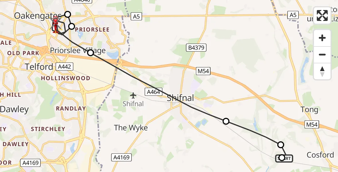 Flight route Air Ambulance Helicopter RAF Cosford - Priorslee Village, 18 July 2026, 09:11