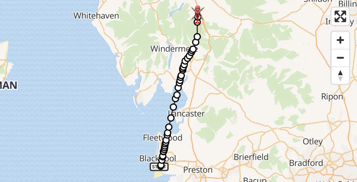 Flight route Air Ambulance Helicopter Blackpool Airport - Rosgill, 18 July 2026, 09:13