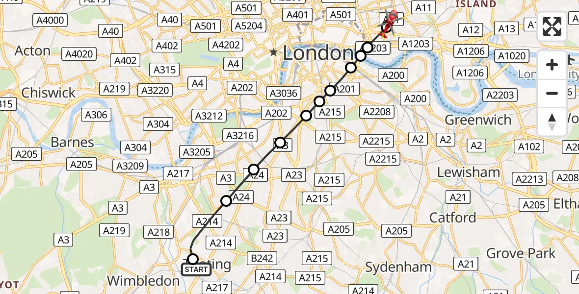 Flight route Air Ambulance Helicopter St Georges Hospital - Royal London Hospital, 18 July 2026, 09:14