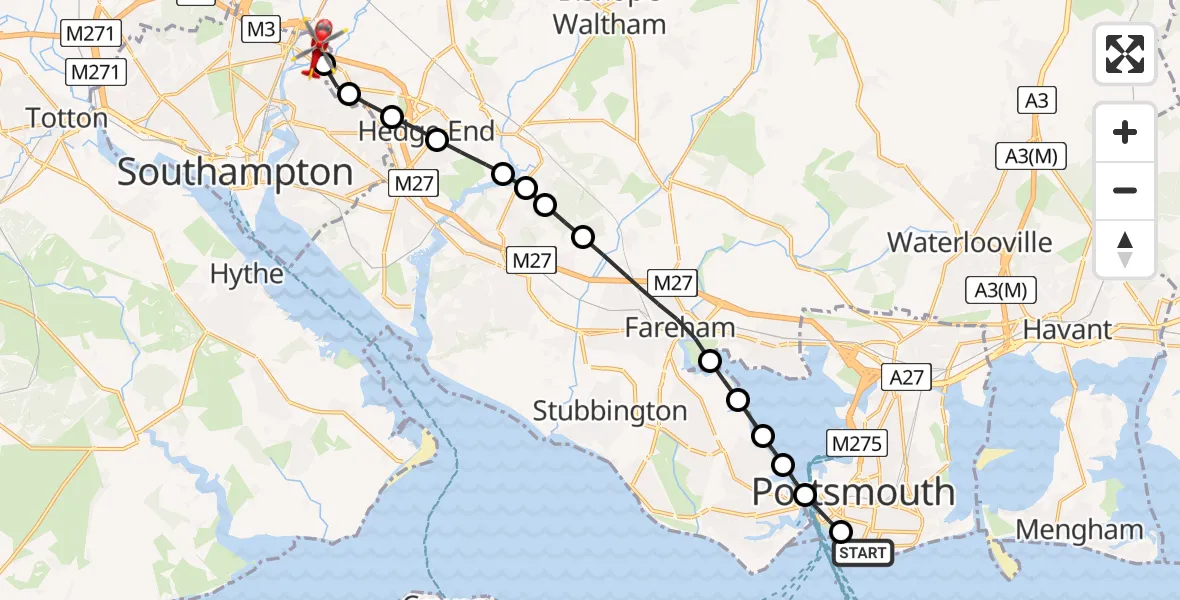 Flight route Air Ambulance Helicopter Southsea - Mansbridge, 18 July 2026, 09:20