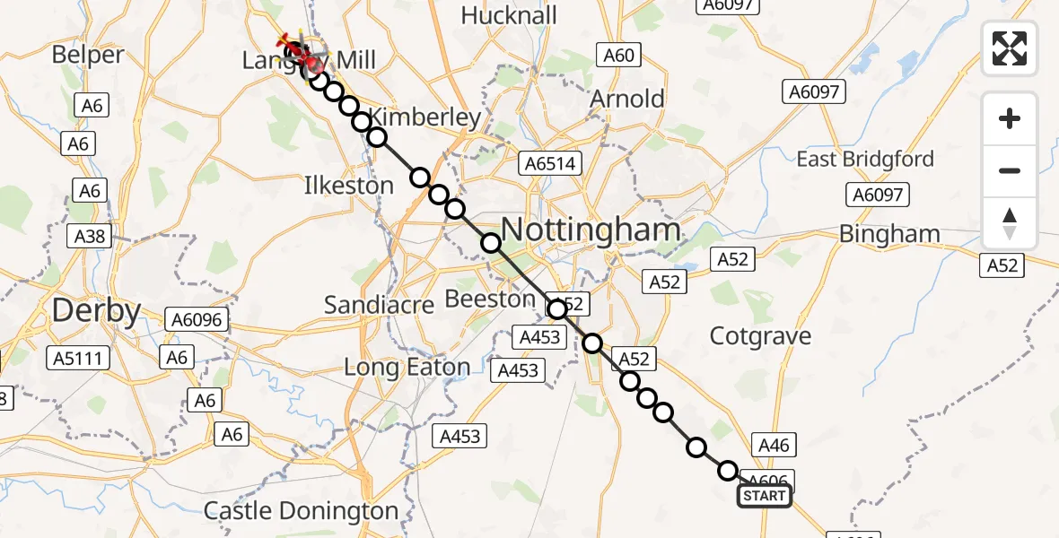 Flight route Air Ambulance Helicopter Widmerpool - Langley Mill, 18 July 2026, 09:21