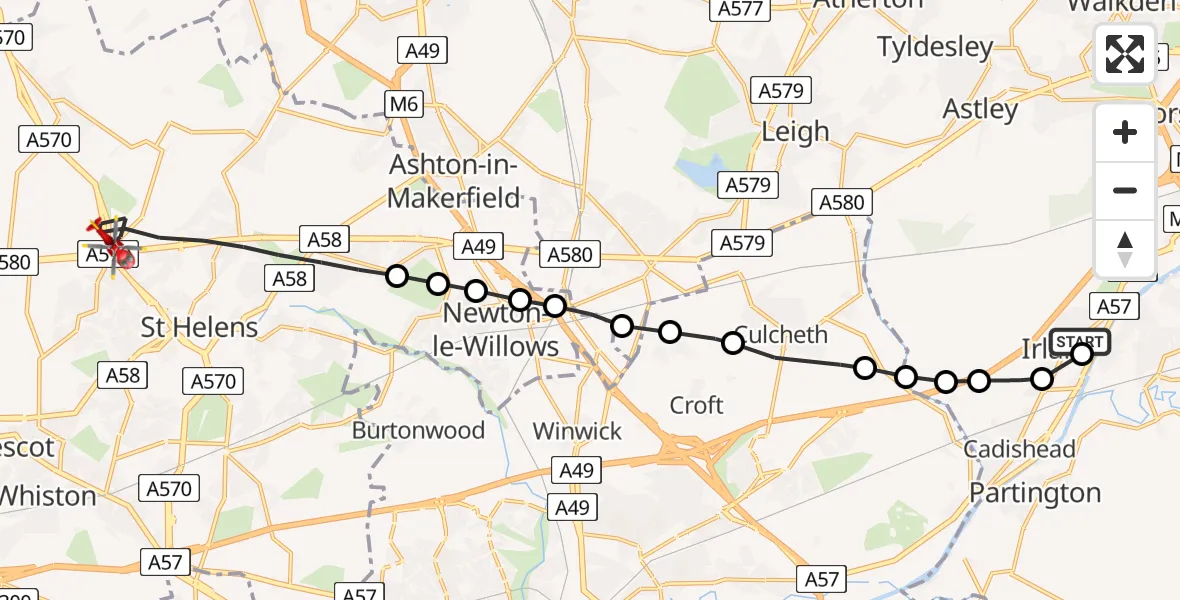 Flight route Air Ambulance Helicopter Irlam - St Helens, 18 July 2026, 09:21