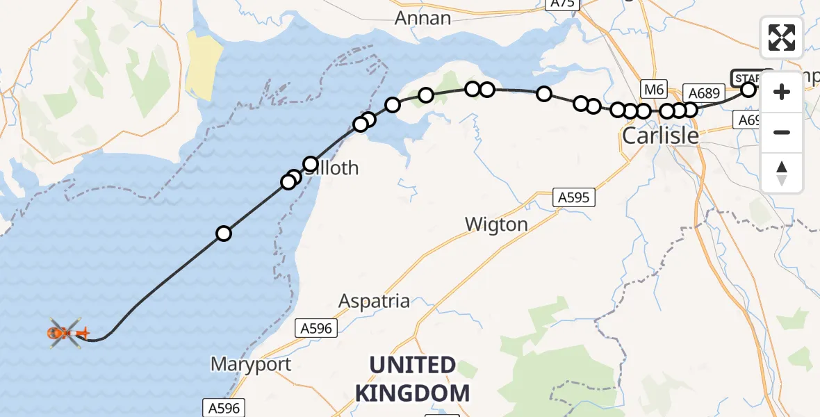 Flight route Coastguard Helicopter Carlisle Lake District Airport - Irish Sea, 18 July 2026, 09:27