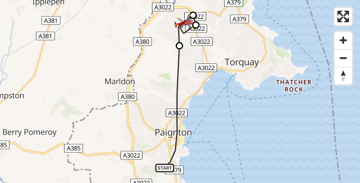 Flight route Air Ambulance Helicopter Paignton - Torquay, 18 July 2026, 09:30