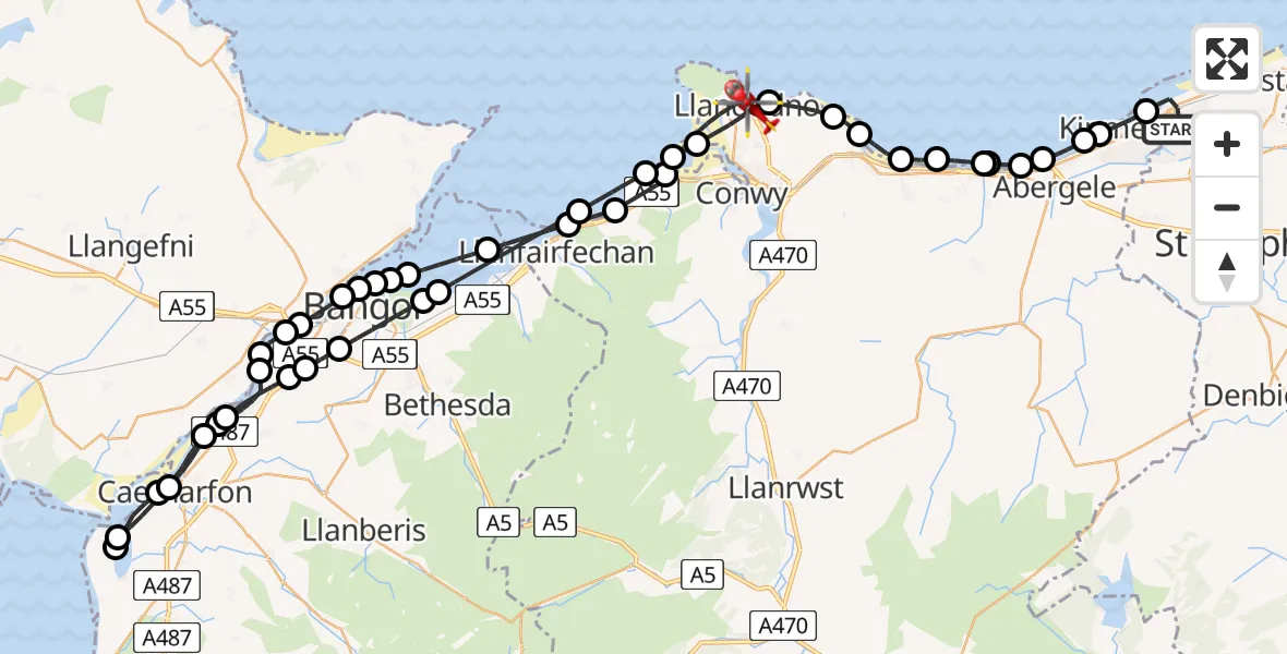 Flight route Air Ambulance Helicopter Rhyl - Llandudno, 18 July 2026, 09:34