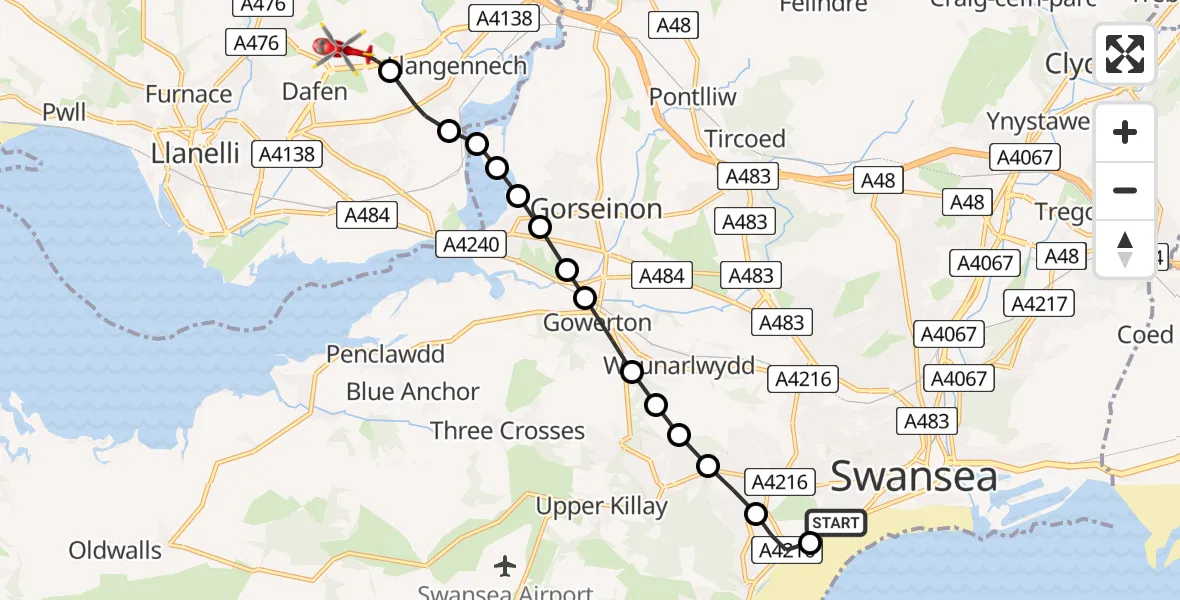 Flight route Air Ambulance Helicopter Brynmill - Dafen, 18 July 2026, 09:37