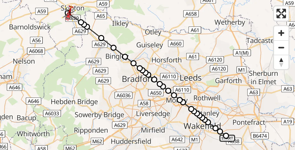 Flight route Air Ambulance Helicopter YAA Nostell Helicopter Port - Skipton, 18 July 2026, 09:38