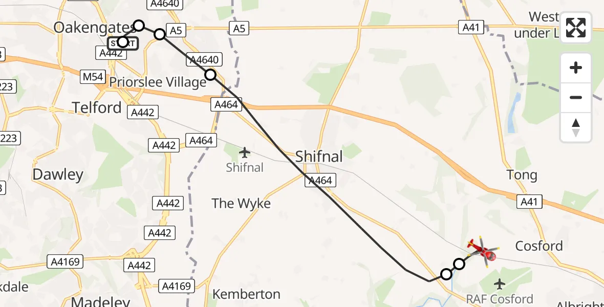 Flight route Air Ambulance Helicopter Telford - Cosford, 18 July 2026, 09:48