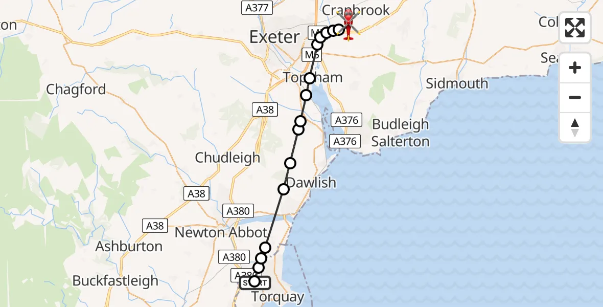 Flight route Air Ambulance Helicopter Torbay Hospital - Exeter International Airport, 18 July 2026, 09:59
