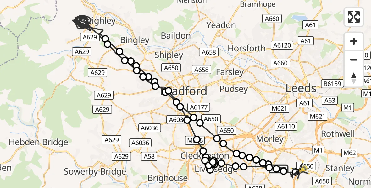 Flight route Police Helicopter Morley - East Ardsley, 18 July 2026, 10:02