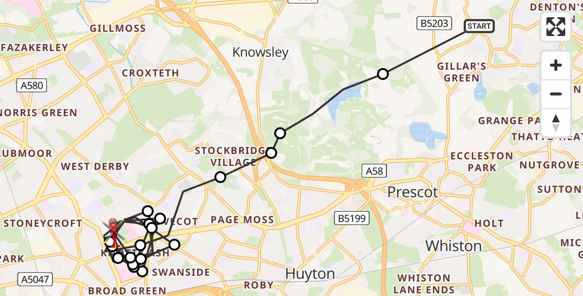 Flight route Air Ambulance Helicopter St Helens - Knotty Ash, 18 July 2026, 10:02