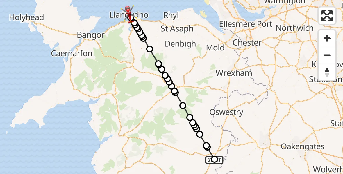 Flight route Air Ambulance Helicopter Welshpool Airport - Llandudno, 18 July 2026, 10:02