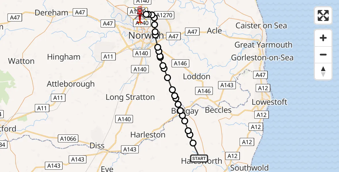 Flight route Air Ambulance Helicopter Wissett - Norwich Airport, 18 July 2026, 10:06