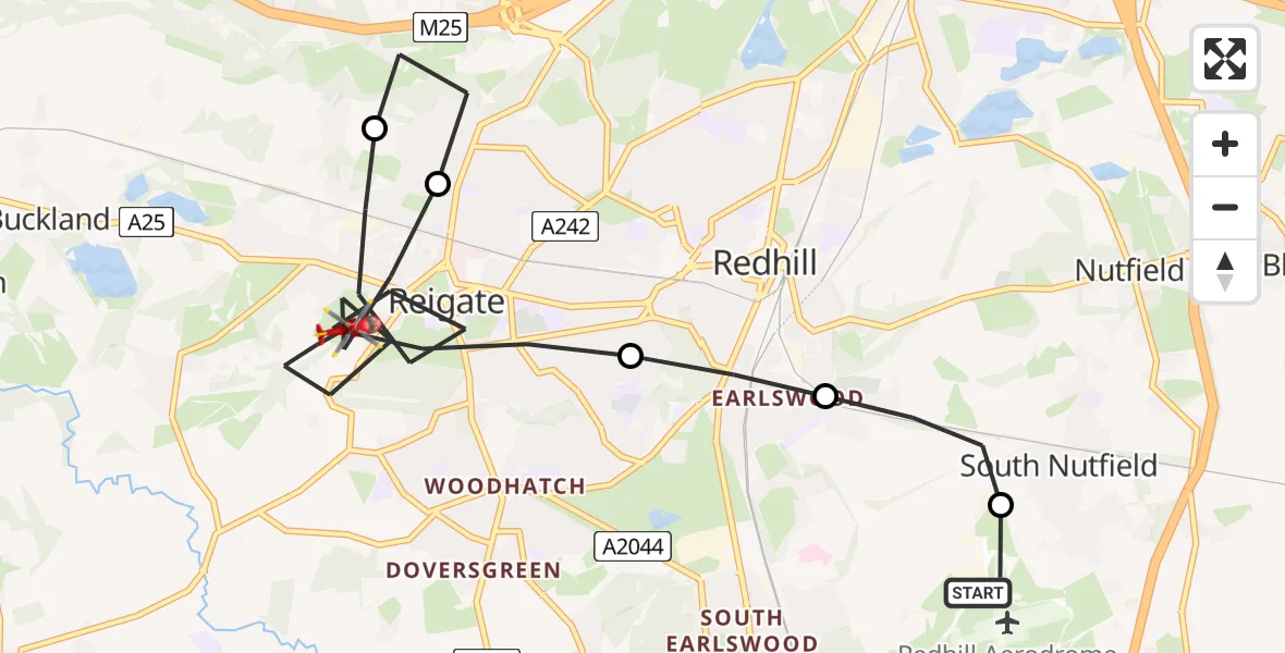 Flight route Air Ambulance Helicopter Redhill Aerodrome - Reigate, 18 July 2026, 10:16