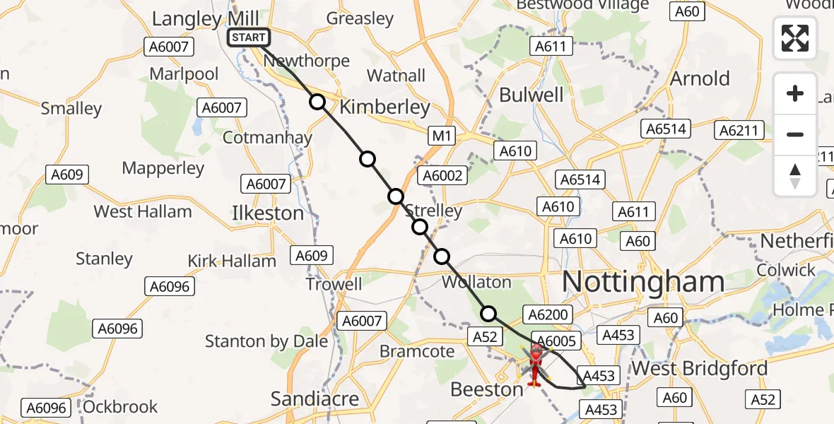 Flight route Air Ambulance Helicopter Eastwood - City of Nottingham, 18 July 2026, 10:20
