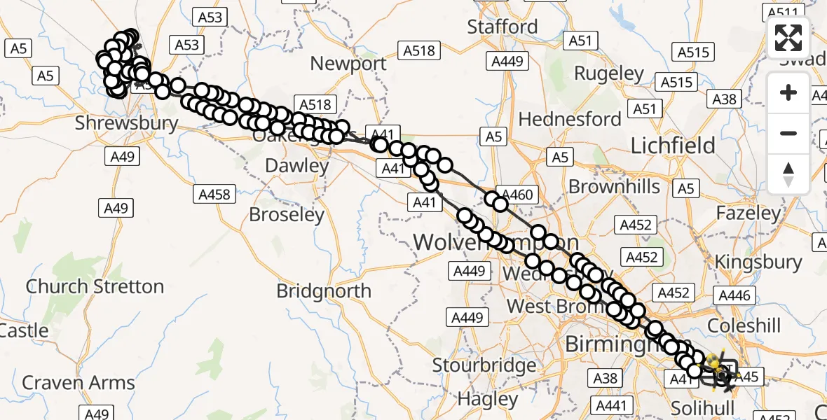 Flight route Police Helicopter Birmingham Airport - Birmingham Airport, 18 July 2026, 10:20