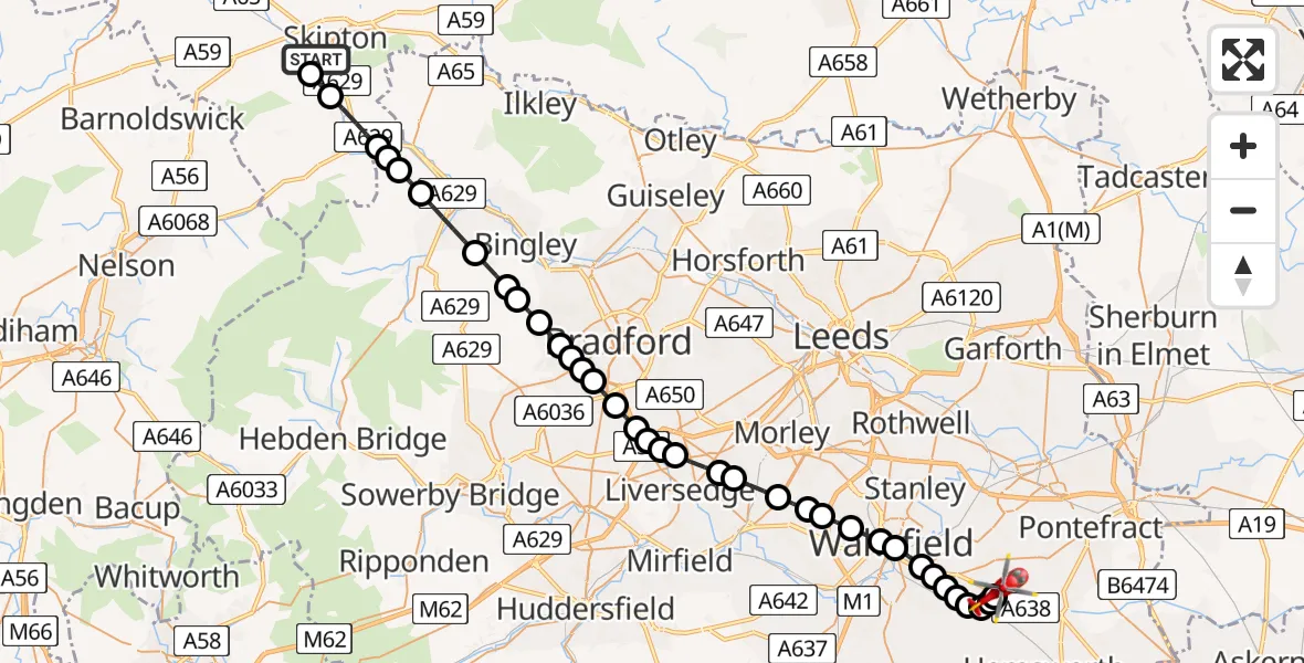 Flight route Air Ambulance Helicopter Skipton - YAA Nostell Helicopter Port, 18 July 2026, 10:26